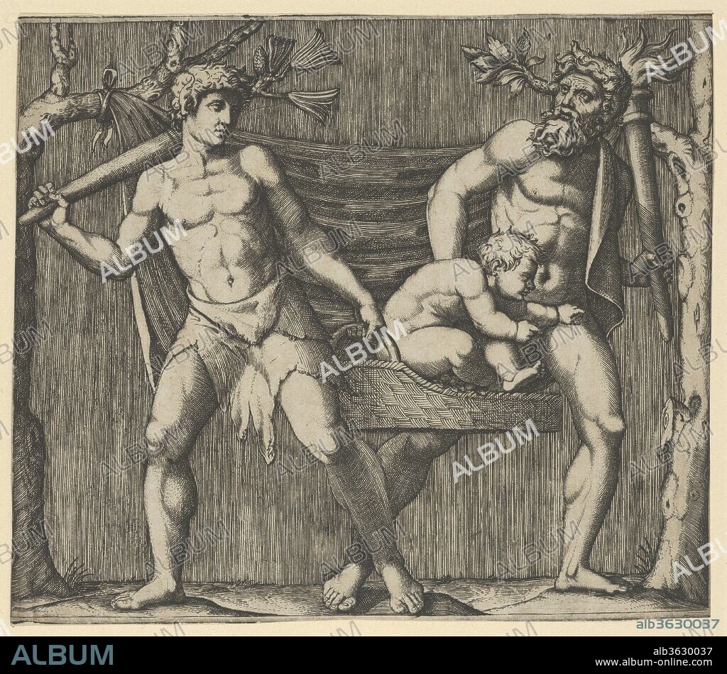 Two Fauns Carrying a Child. Artist: Marcantonio Raimondi (Italian, Argini (?) ca. 1480-before 1534 Bologna (?)). Dimensions: 6 1/4 x 7 3/16 in.  (15.8 x 18.3 cm). Date: ca. 1513-15.