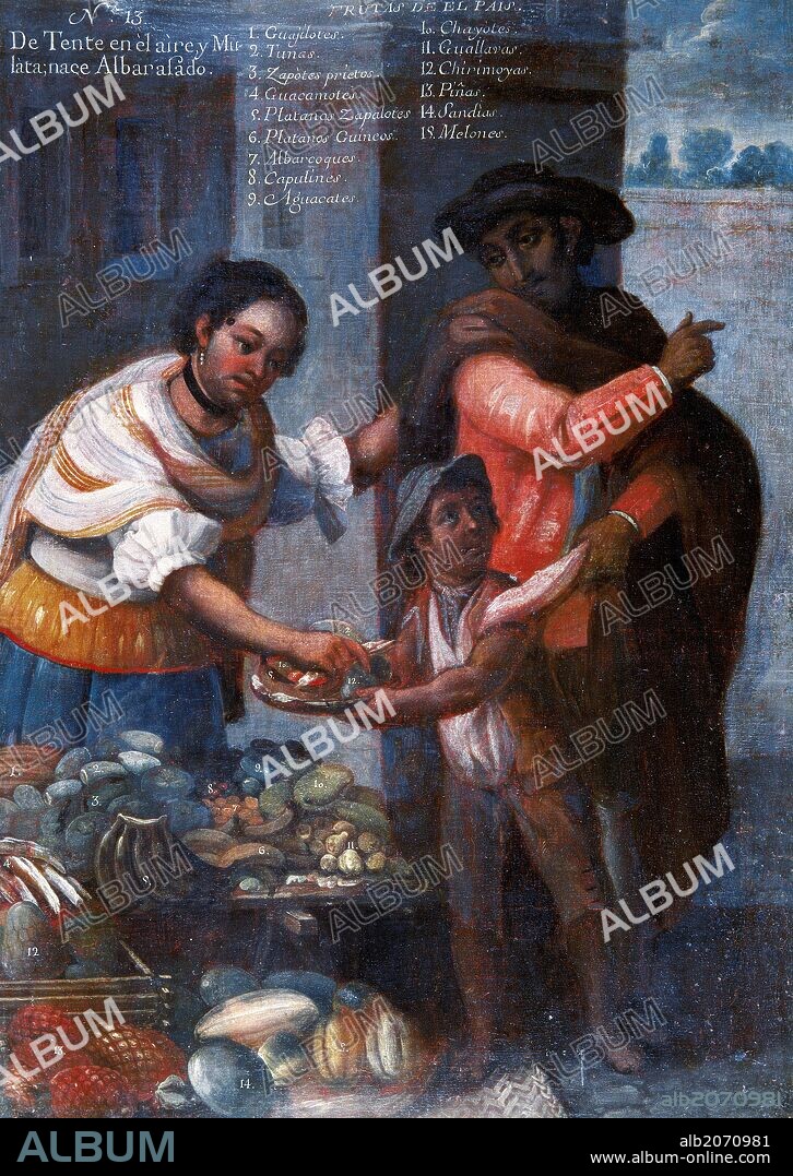 ANDRES DE ISLAS. CUADROS DEL MESTIZAJE. SIGLO XVIII. SOCIEDAD. Andrés de Islas. "DE TENTE EN EL AIRE Y MULATA, NACE ALBARASADO". (Leyenda: Frutas del país). Oleo del siglo XVIII. Museo de América. Madrid. España.