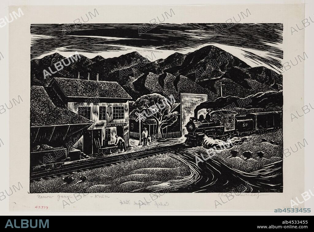 Charles Surendorf, American, 1906-1979, Narrow Gauge Railroad - Keeler, ca. between 1937 and 1939, wood engraving printed in black ink on japan paper, Image: 9 × 13 1/2 inches (22.9 × 34.3 cm).