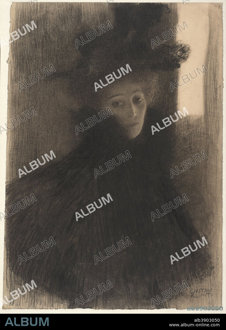 GUSTAV KLIMT. Portrait of a Lady with Cape and Hat, 1897-1898. Date/Period: Ca. 1897-1898. Drawing. Black chalk and sanguine on paper.