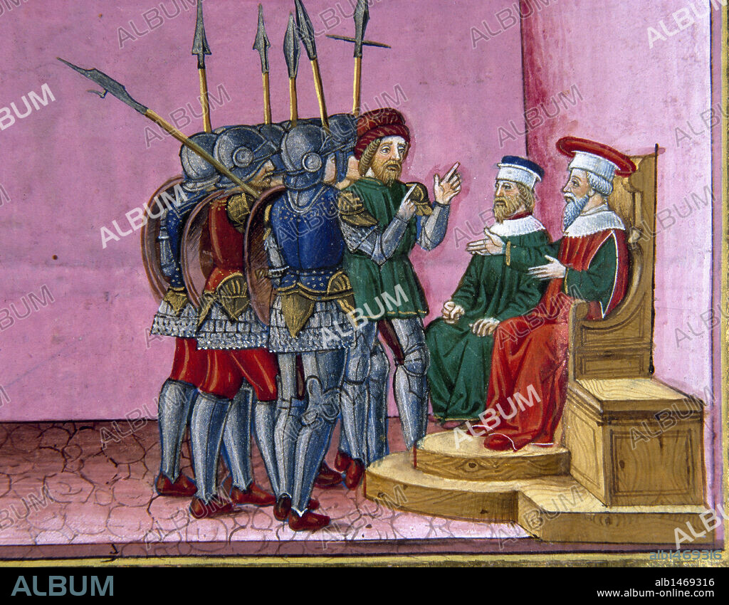 The High Priests remember to Pilate that Jesus had prophesied that he would rise. Codex of Predis (1476). Royal Library. Turin. Italy.