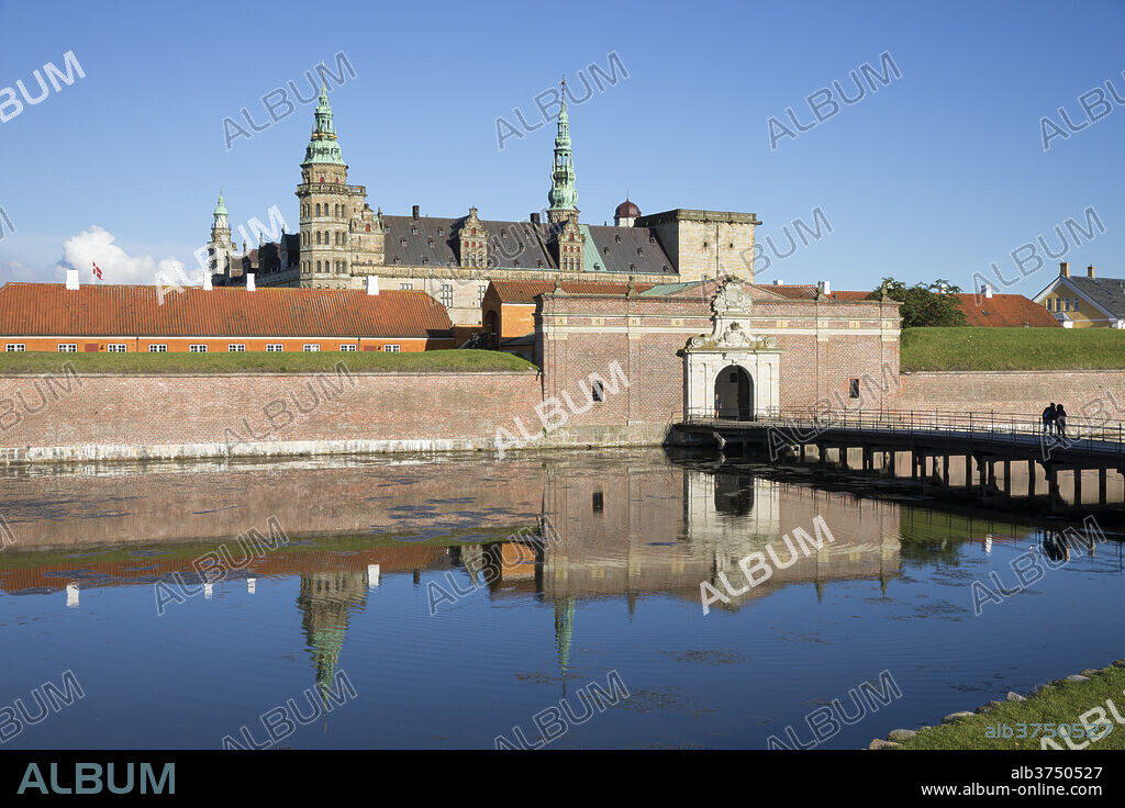 View over moat to entrance gate of Kronborg Castle used as setting for Shakespeare's Hamlet, Helsingor, Zealand, Denmark, Scandinavia, Europe.