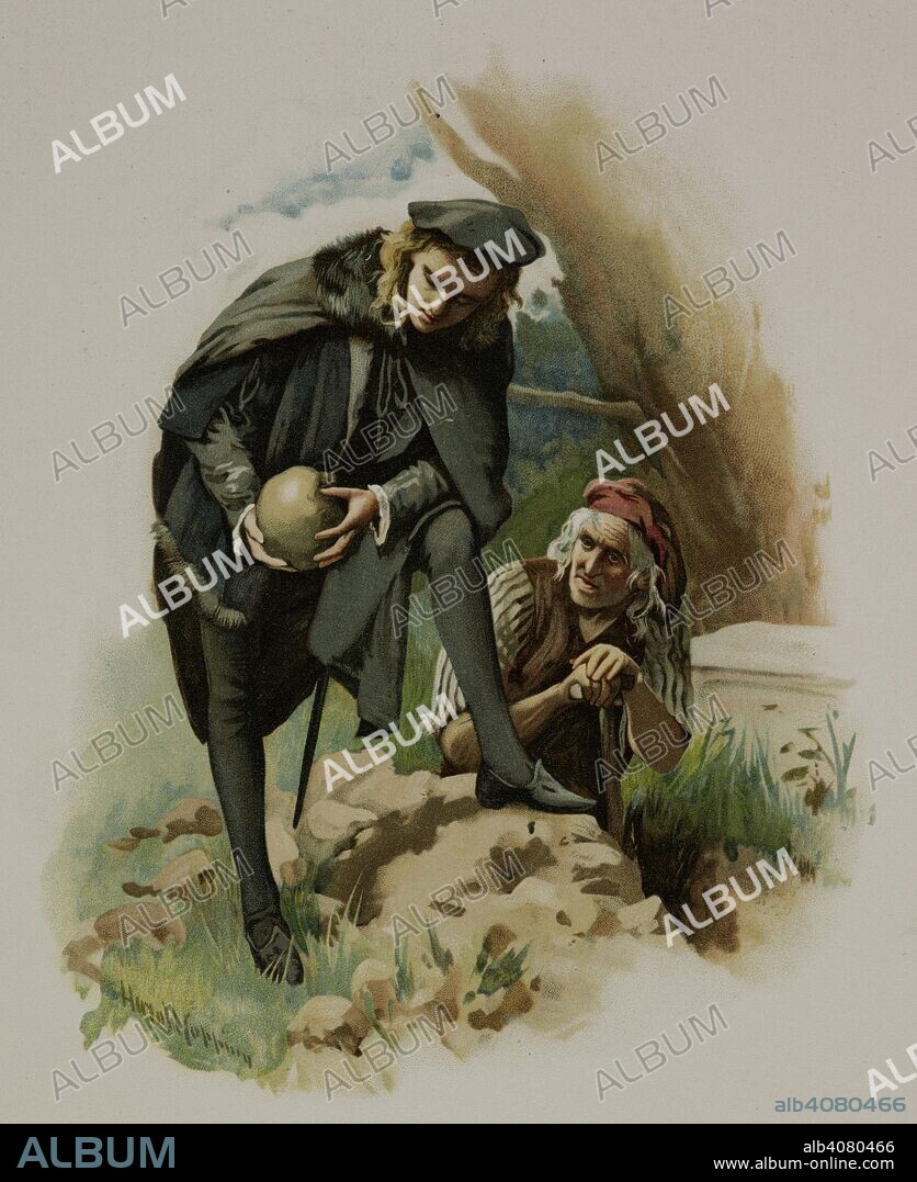 WILLIAM SHAKESPEARE. In a churchyard, Hamlet holds the skull of Yorick, a jester whom he once knew. A gravedigger watches. Act V, scene I, from 'Hamlet'. Hamlet. Tuck & Sons: London, 1897. colour illustration. Source: 11764.m.9, opposite 63. Language: English.