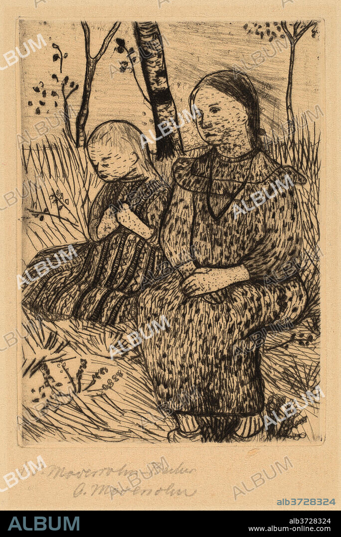 PAULA MODERSOHN-BECKER. Two Peasant Girls. Dated: c. 1900. Dimensions: plate: 14 × 9.8 cm (5 1/2 × 3 7/8 in.)  sheet: 33.4 × 26.8 cm (13 1/8 × 10 9/16 in.). Medium: etching, drypoint and roulette on heavy wove paper.