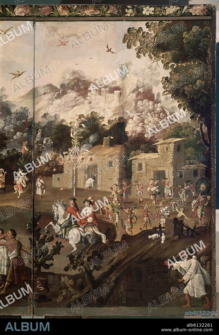 EL PALO VOLADOR - BIOMBO MEXICANO - SIGLO XVII - DET CABALLEROS E INDIGENAS DANZATES- Conj 3483.