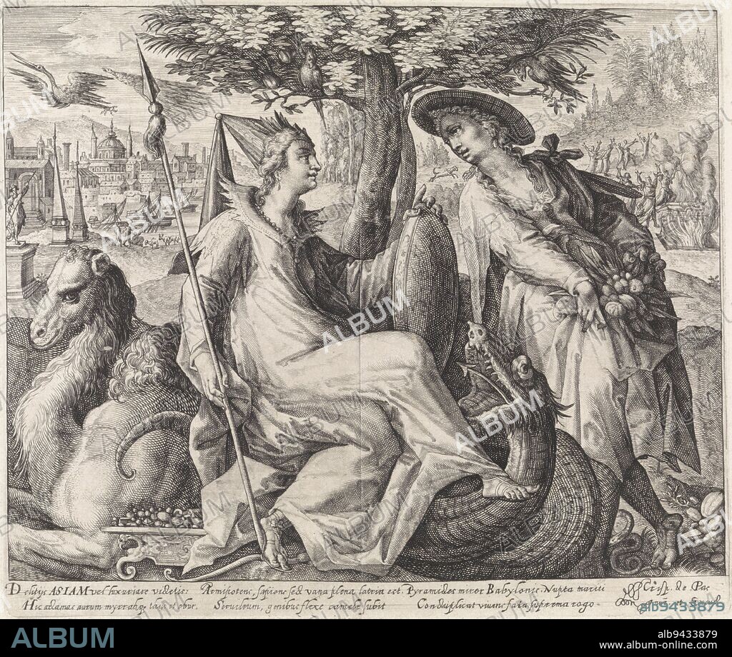 The female personification of the continent of Asia trampling a snake. In her hands she holds a shield and a spear. In front of her kneels a woman and behind her lies a camel. In the background on the left a face of Babylon. On the right in the background a man on a roster being sacrificed. In the margin a six-line caption, in three columns, in Latin, Asia The four continents (series title)., print maker: Crispijn van de Passe (I), Crispijn van de Passe (I), (mentioned on object), publisher: Crispijn van de Passe (I), (mentioned on object), Cologne, 1589 - 1611, paper, engraving, h 189 mm × w 222 mm.