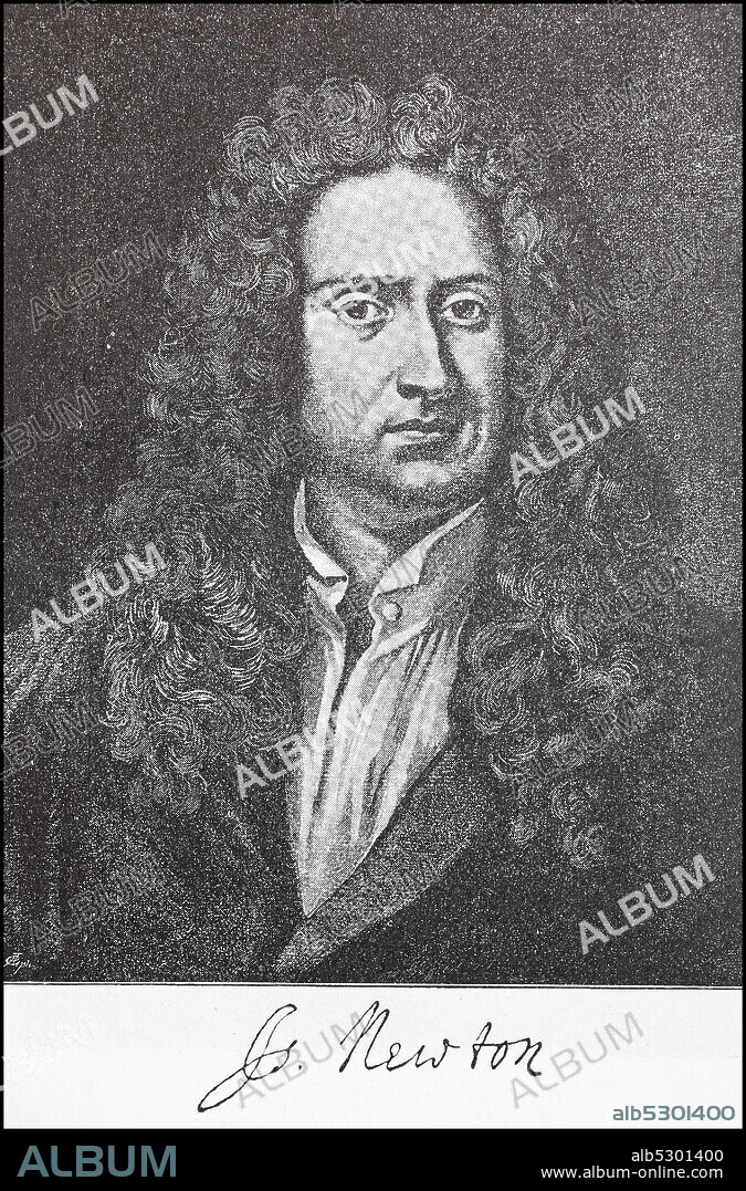 Sir Isaac Newton, 4 January 1643 - 31 March 1727, was an English naturalist and administrative officer. In the language of his time, which did not yet distinguish sharply between natural theology, natural sciences, alchemy and philosophy, Newton was called a philosopher  /  Sir Isaac Newton, 4. Januar 1643 - 31. März 1727, war ein englischer Naturforscher und Verwaltungsbeamter. In der Sprache seiner Zeit, die zwischen natürlicher Theologie, Naturwissenschaften, Alchemie und Philosophie noch nicht scharf trennte, wurde Newton als Philosoph bezeichnet, Historisch, historical, digital improved reproduction of an original from the 19th century / digitale Reproduktion einer Originalvorlage aus dem 19. Jahrhundert,.