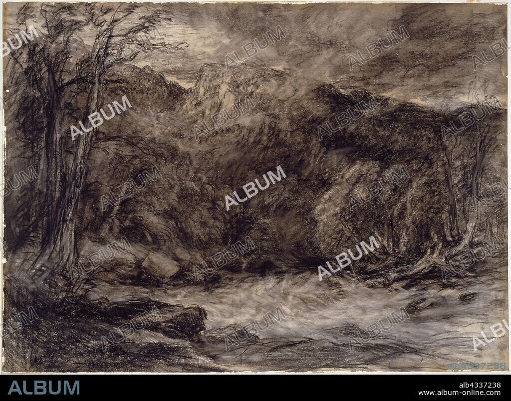 A Mountain Torrent, c. 1850, David Cox the elder, English, 1783-1859, England, Black and white chalk, and charcoal on cream wove paper, 531 × 733 mm.