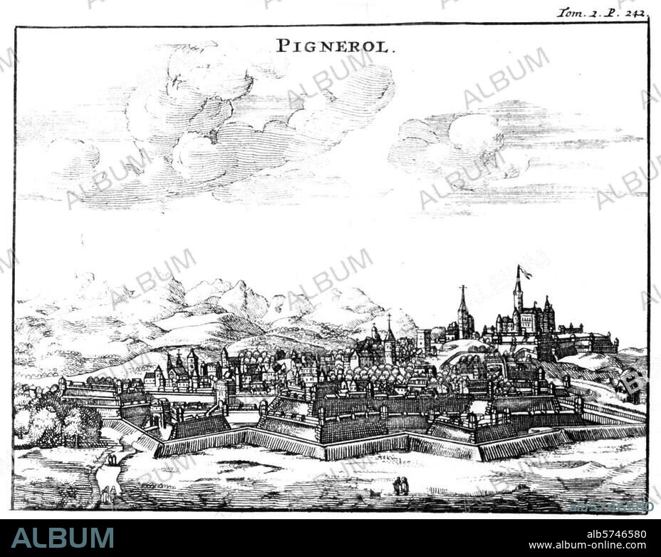Pignerol (Piémont, Italie). (possession française en 1536-74, 1631-93 et 1801-14). "PIGNEROL". Gravure sur cuivre, anonyme (17ème s.). Paris, Bibliothèque Nationale.