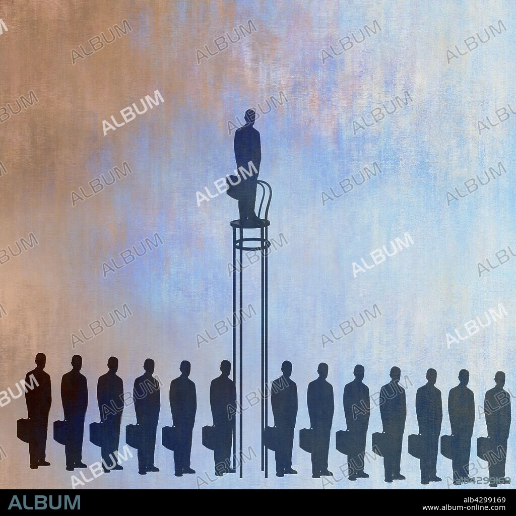 Businessman standing out above the crowd on tall chair.