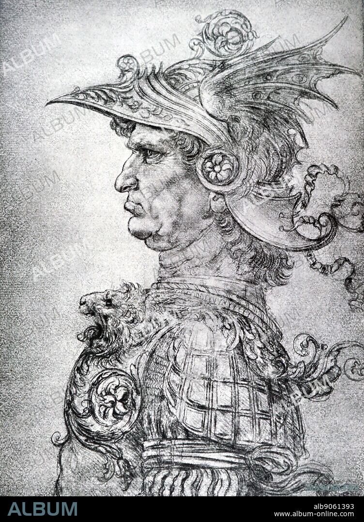 Drawing depicting an antique warrior, silverpoint and brown chalk, circa 1475. by Leonardo da Vinci (1452-1519), Italian artist and polymath.