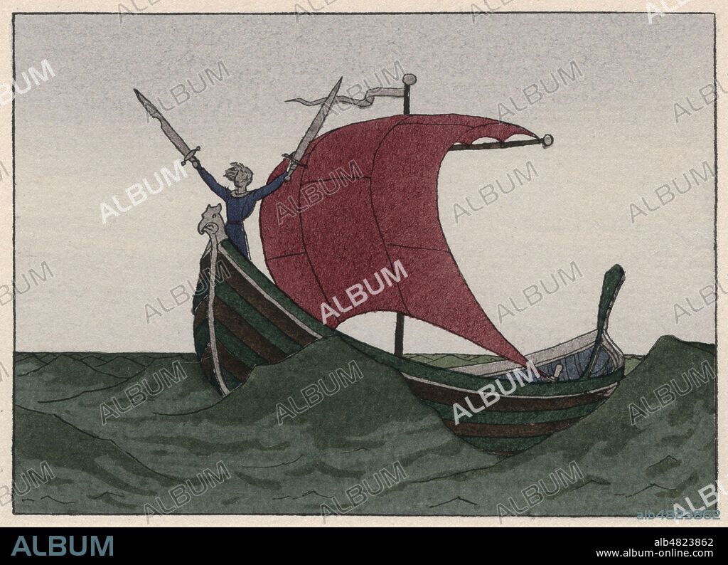 Tristan revenant apres avoir vaincu le Morholt d'Irlande. Illustration de 1946 par Andre MARTY (1882-1974) pour Le Roman de Tristan et Iseut par Joseph BEDIER (1864-1938). ADAGP. Credit : Collection Jonas/Kharbine-Tapabor.