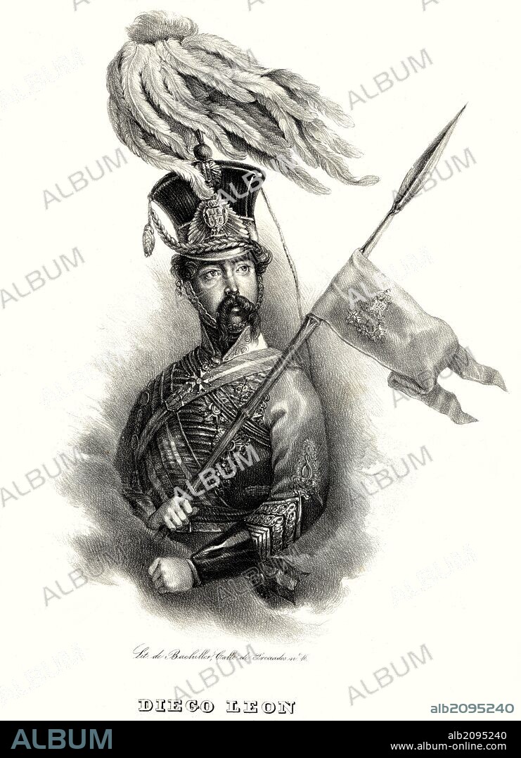 Diego de León y Navarrete, conde de Belascoain (Córdoba, 1807-Madrid, 1841). Militar español cristino. Grabado de 1870.