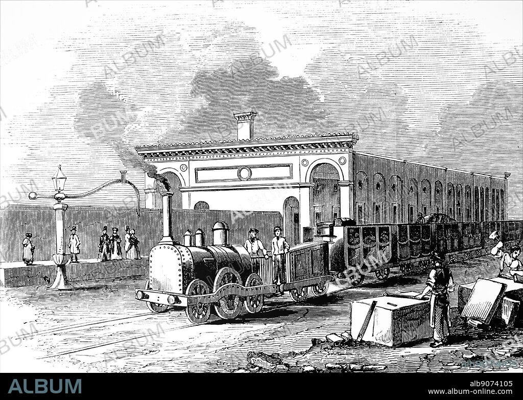 Engraving depicting Cambridge Railway Station, Cambridge, England, as it appeared in 1845. Dated 19th century.