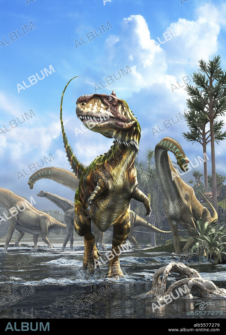 Rajasaurus stumbles across a herd of Isisaurus dinosaurs, a plant eating sauropod in the land of India from the Late Cretaceous.