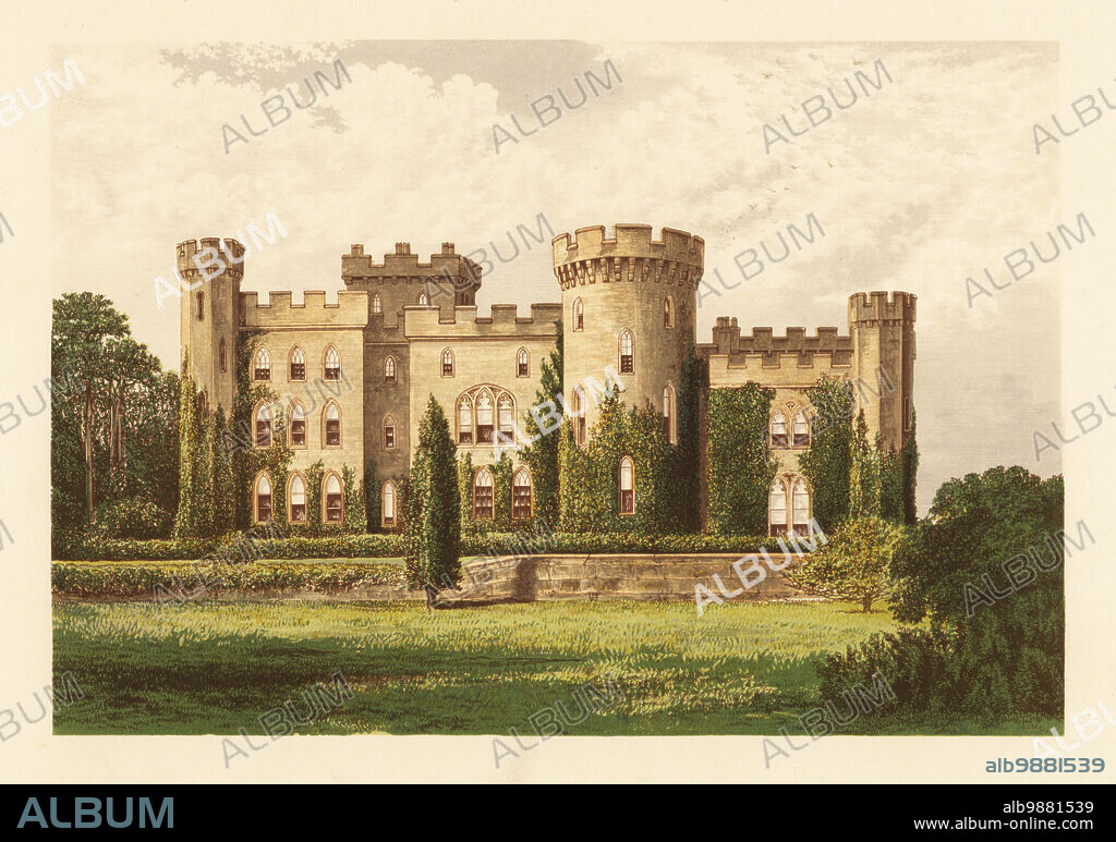 Cholmondeley Castle, Cheshire, England. Gothic-style crenellated house built by William Turner in 1801 remodelled by Robert Smirke for George Cholmondeley, 1st Marquess of Cholmondeley. Colour woodblock by Benjamin Fawcett in the Baxter process of an illustration by Alexander Francis Lydon from Reverend Francis Orpen Morriss Picturesque Views of the Seats of Noblemen and Gentlemen of Great Britain and Ireland, William Mackenzie, London, 1880.