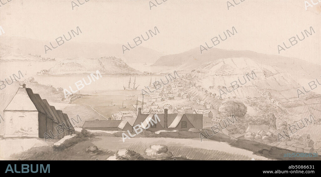 A Panoramic View of Carlisle Bay, Barbados, with Cottages and Ships, Lt. Paul Sandby, ca. 1820, ca. 1820, Gray wash and graphite with pen and black ink on medium, slightly textured, blued white laid paper, Sheet: 6 1/2 × 12 7/8 inches (16.5 × 32.7 cm), bay, cityscape, cottages, hills, houses, mountains, Barbados, Carlisle Bay, Central America, North America, North and Central America.