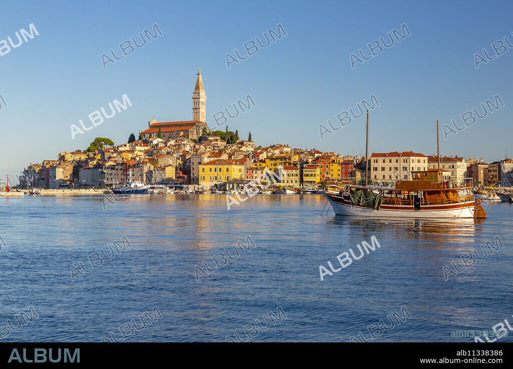 View of harbour and the old town with the Cathedral of St. Euphemia, Rovinj, Istria, Croatia, Adriatic, Europe.
