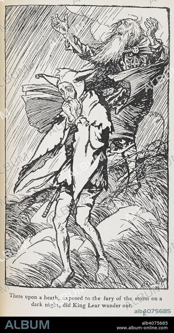 ARTHUR RACKHAM and CHARLES LAMB. Illustration of King Lear. Tales from Shakespeare. (With illustrations by Arthur Rackham.). London: JM Dent & Co (1906). 'There upon the heath, exposed to the fury of the storm on a dark night, did King Lear wander out.'. Source: 12206.p.1/10 facing page 138.