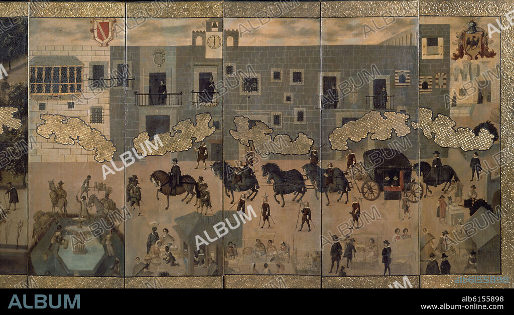 EL PALACIO DE LOS VIRREYES - BIOMBO MEXICANO - SIGLO XVII - PARTE CENTRAL Y DERECHA.