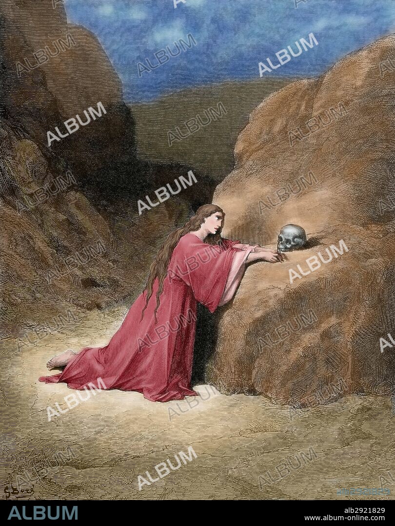 Mary Magdalene or Mary of Magdala, sometimes The Magdalene. Saint. Repentant Mary Magdalene. Engraving by Dore. Colored.