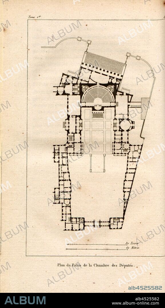 Plan of the Palace of the Chamber of Deputies, Plan of Palais Bourbon in Paris, 42, after p. 320, p. 410, J. G. Legrand; C. P. Landon: Description de Paris et de ses édifices: avec un précis historique et des observations sur le caractère de leur architecture, et sur les principaux objets d'art et de curiosité qu'ils renferment. Seconde édition, corrigée avec soin dans toutes ses Parties, et considérablement augmentée. Bd. 1. Paris. Strasbourg. Treuttel et Würtz, 1818.