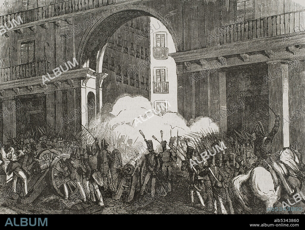 MIRANDA. SPANISH CHALCHOGRAPH and 19TH CENTURY. BERNARDO RICO (1825-1894). SPANISH PAINTER AND ENGRAVER.. History of Spain. Madrid. Liberal Triennium. Defense of the Plaza Mayor, on July 7, 1822. On that date there was an uprising, promoted by Ferdinand VII, of grenadiers of the Royal Guard with the goal of overthrowing the constitutional government and restoring an absolutist regime. The National Volunteer Militia, which was defending the Plaza Mayor under the command of Francisco Ballesteros, fought the uprising and was able to suffocate the rebellion. Illustration by Miranda. Engraving by Rico. Historia General de España by Father Mariana. Madrid, 1853.