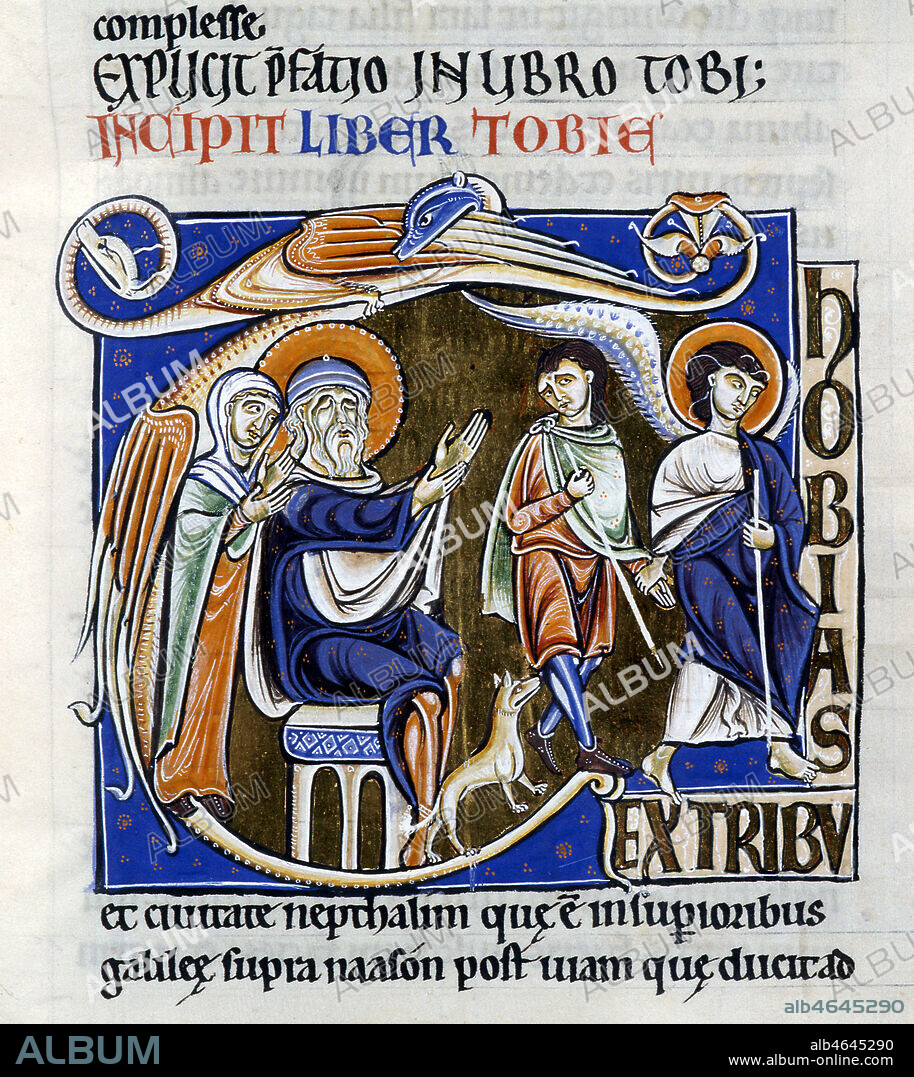 Lettrine "T" enluminée tiré du Livre de Tobie le représentant lors de son départ (f°203). Ce manuscrit sur parchemin est une vulgate: traduction latine de la Bible par Saint Jérôme. Biblia sacra ex translatione S. Hieronymi : 1170-1180 - 12ème siècle. Credit Mention obligatoire BMIU-Clermont-F/Kharbine-Tapabor.