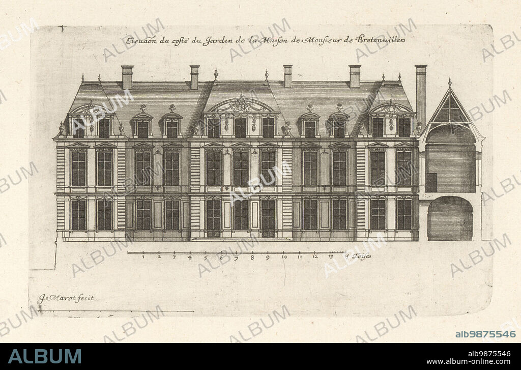Elevation of the garden side of the house of Alexandre le Ragois de Bretonvilliers, 1621-1676. A wealthy Catholic priest, he built Hotel de Bretonvilliers on the tip of Ile Notre-Dame (now Ile Saint-Louis). Demolished in 1874. Elevation du coste du Jardin de la Maison de Monsr. de Bretonvillers. Copperplate engraving drawn and engraved by Jean Marot from his Recueil des Plans, Profils et Elevations de Plusieurs Palais, Chasteaux, Eglises, Sepultures, Grotes et Hotels,Collection of Plans, Profiles and Elevations of Palaces, Castles, Churches, Tombs, Grottos and Hotels, chez Mariette, Paris, 1655.