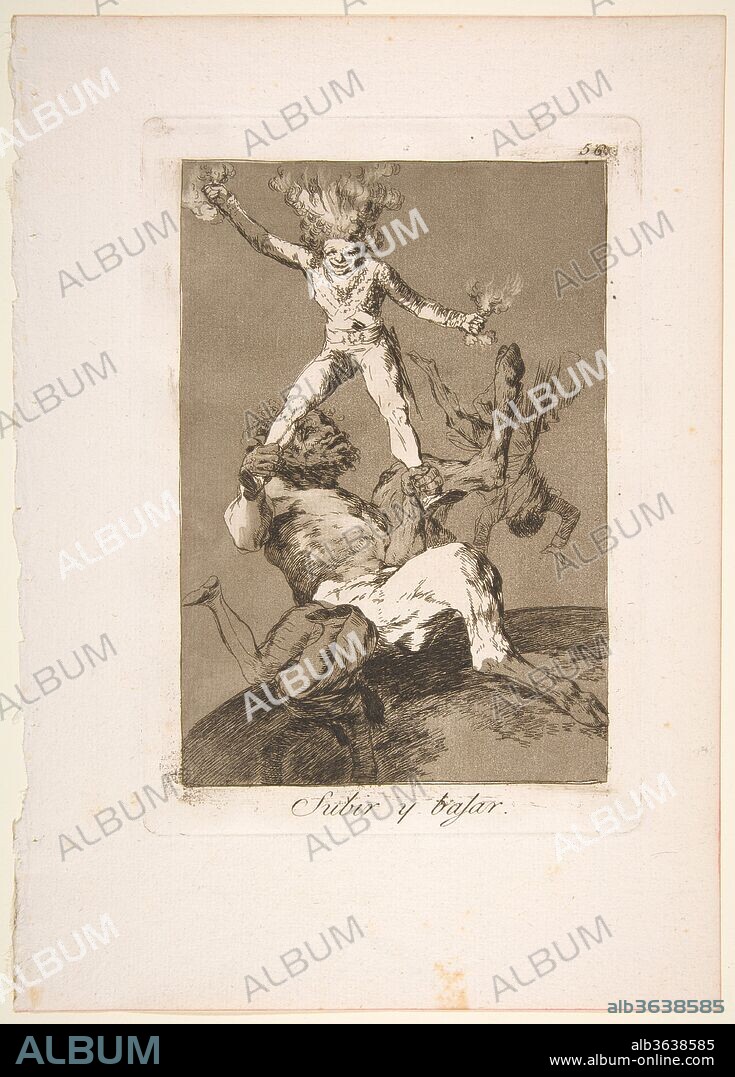 Plate 56 from 'Los Caprichos': To rise and to fall (Subir y bajar.). Artist: Goya (Francisco de Goya y Lucientes) (Spanish, Fuendetodos 1746-1828 Bordeaux). Dimensions: Plate: 8 7/16 x 5 7/8 in. (21.4 x 14.9 cm)
Sheet: 11 5/8 × 8 5/16 in. (29.5 × 21.1 cm). Series/Portfolio: Los Caprichos. Date: 1799.