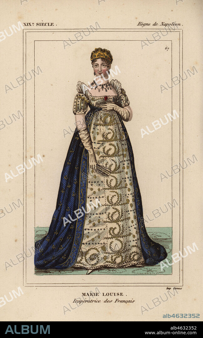 Marie Louise, Empress of France, Duchess of Parma, second wife to Napoleon Bonaparte 1791-1847. Handcoloured lithograph from Le Bibliophile Jacob aka Paul Lacroix's Costumes Historiques de la France (Historical Costumes of France), Administration de Librairie, Paris, 1852.