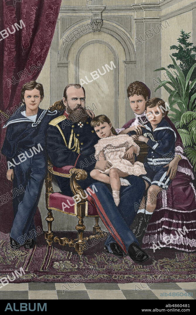 Rusia. El Zar Alejandro III de Rusia (1845-1894) junto a su esposa la Zarina María Fiódorovna Románova (Dagmar de Dinamarca) (1847-1928). De izquierda a derecha; Nicolás Aleksándrovich Románov (futuro Nicolás II), Xenia Aleksándrovna de Rusia (Gran Duquesa de Rusia) (1875-1960) y Jorge Aleksándrovich Románov (Gran Duque) (1871-1899). Grabado. La Ilustración Española y Americana,8 de abril de 1881. Coloreado.