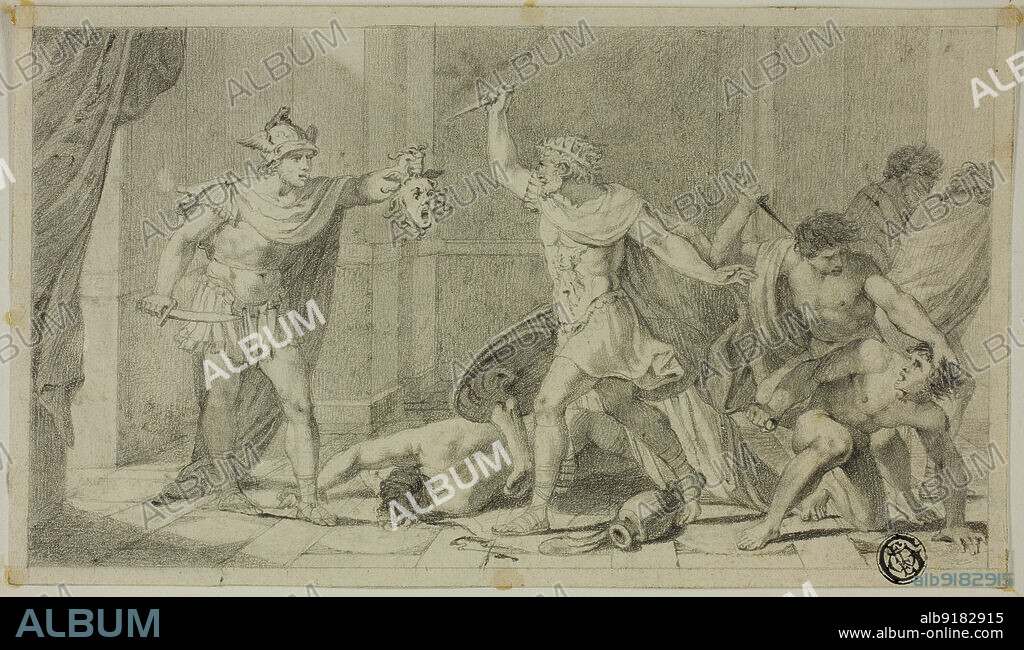 Perseus Confronting Phineas and his Followers with Head of Medusa, 18th century. Gorgon's head with power to turn people to stone.