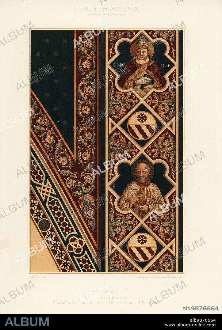Decorated vault in the lower Basilica of San Francesco, Assisi, Italy, 14th century. Gewoelbedecoration in der Unterkirche (XIV Jahrh), Assisi, S. Francesco. Chromolithograph by A. Grimmer from Ernst Ewalds Farbige decorationen, alter und never Zeit (Color decoration, ancient and new eras), Ernst Wasmuth, Berlin, 1889.
