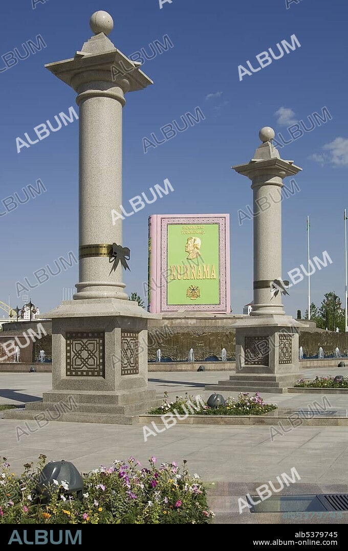 Giant representation of Ruhnama, the book of former President Turkmenbasy, Aschgabat, Turkmenistan, Asia.