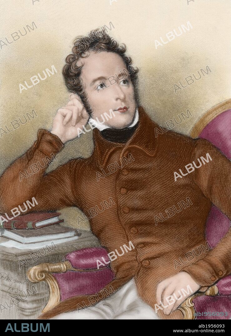 LAMARTINE, Alphonse de (Mâcon, 1790-Passy, 1869). Escritor romántico y político francés. En 1848 fué nombrado Ministro de Asuntos Exteriores en el gobierno republicano abandonando la política tras el Golpe de Estado de Napoleón III (1851). Grabado del año 1850. Coloreado.