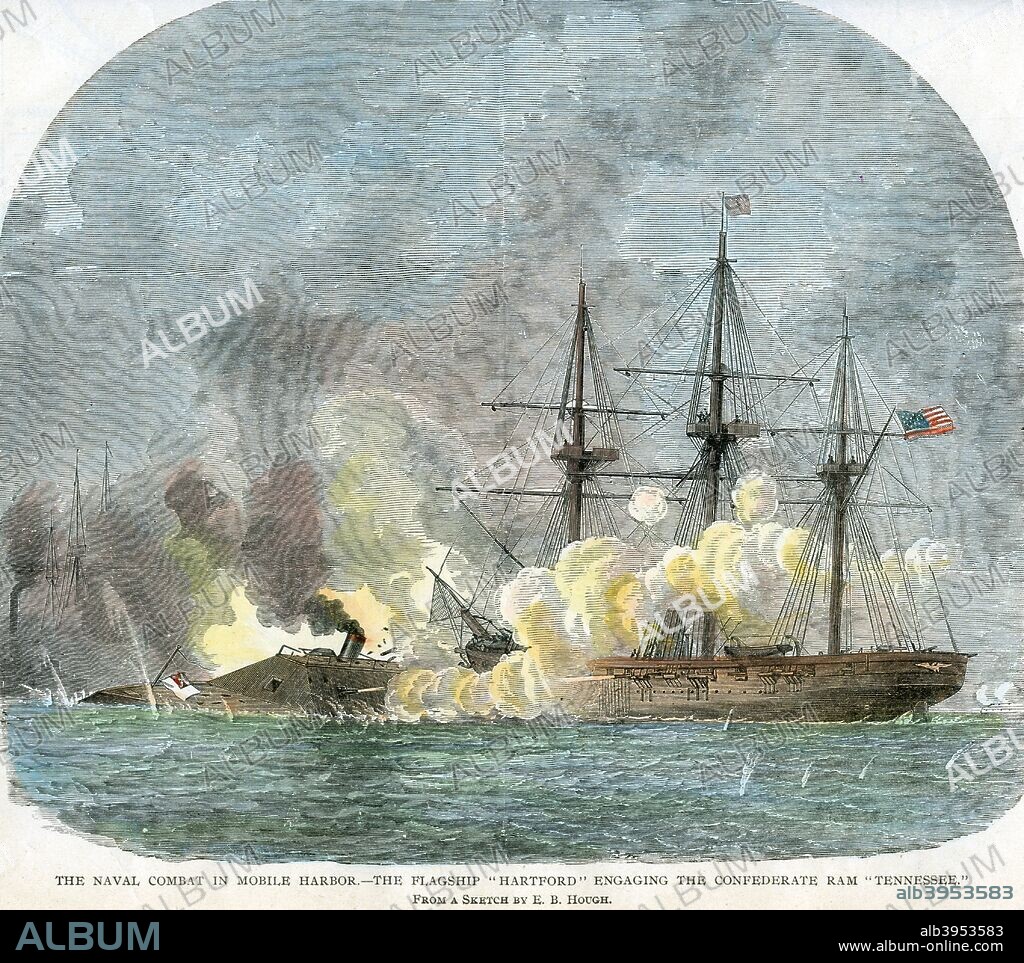'The naval combat in Mobile Harbour', Alabama, American Civil War, 5 August 1864. The Union flagship 'Hartford' engaging the Confederate ironclad ram 'Tennessee' during the Battle of Mobile Bay. The 'Tennessee' surrendered to the Union fleet after sustaining severe damage in three hours of fghting. The Battle of Mobile Bay saw a Union fleet commanded by Admiral David Farragut defeat a much smaller Confederate fleet off the coast of Alabama. The Union vessels had to pass through a minefield and the guns of two Confederate forts to get into Mobile Bay. The Union victory had the effect of shutting down the last blockade-running port east of the Mississippi on the Gulf coast.