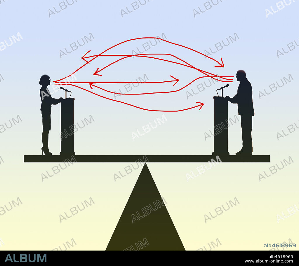 Man and woman balanced in debate on seesaw.