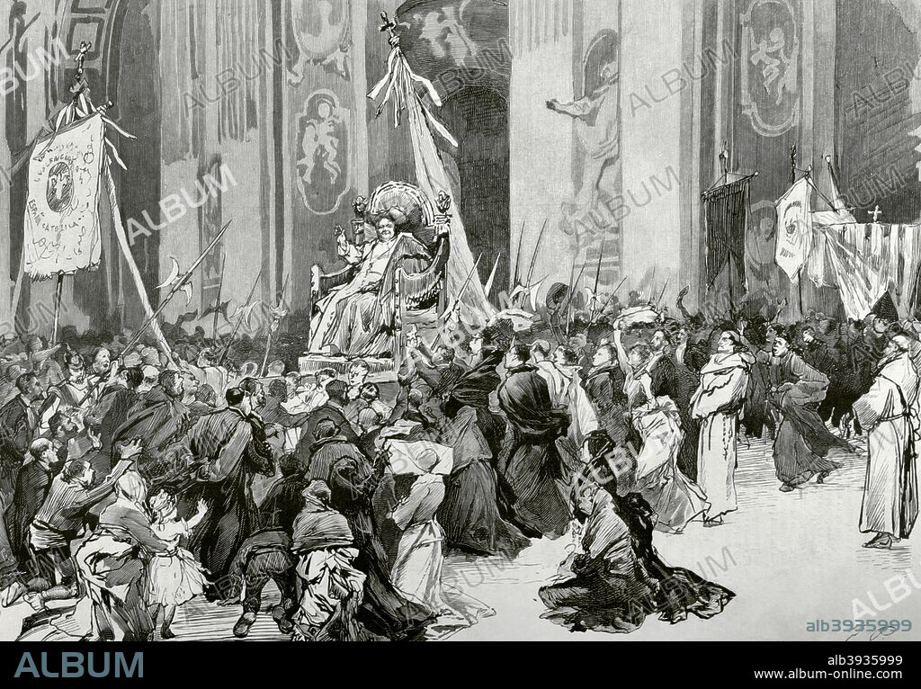 Pío IX (1792-1878). De nombre Giovanni Maria Battista Pellegrino Isidoro Mastai Ferretti. Papa de la Iglesia católica desde el 16 de junio de 1846 hasta su muerte el 7 de febrero de 1878. Fué el último soberano de los Estados Pontificios. Su santidad Pio IX conducido en la silla gestatoria después de la audiencia general a los peregrinos españoles desplazados a Roma. Dibujo por Pradilla. Grabado. La Ilustración Española y Americana, 8 de Noviembre de 1876. Biblioteca Histórico Militar de Barcelona. Cataluña, España.