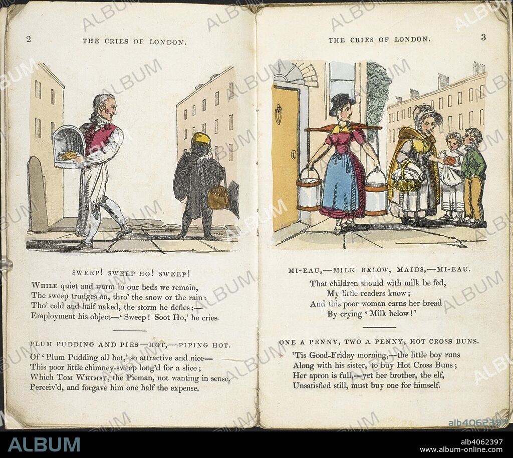 Sweep!Sweep ho! Sweep! A chimney-sweep. 'Mi-Eau, - milk below, maids, - mi-eau. A seller of milk. Sam Syntax's Description of the Cries of London ... Second edition. ff. 17. Harris & Son: London, 1821. Source: 12811.a.55 pages 2-3.