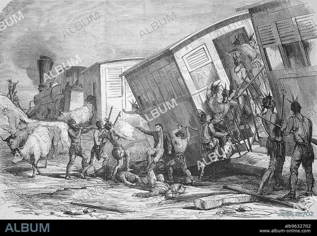 Sioux Indians raid a train on the Pacific Railroad line in the western United States, 1869, America, Historical, digitally restored reproduction of an original artwork from the 19th century, exact original date unknown.