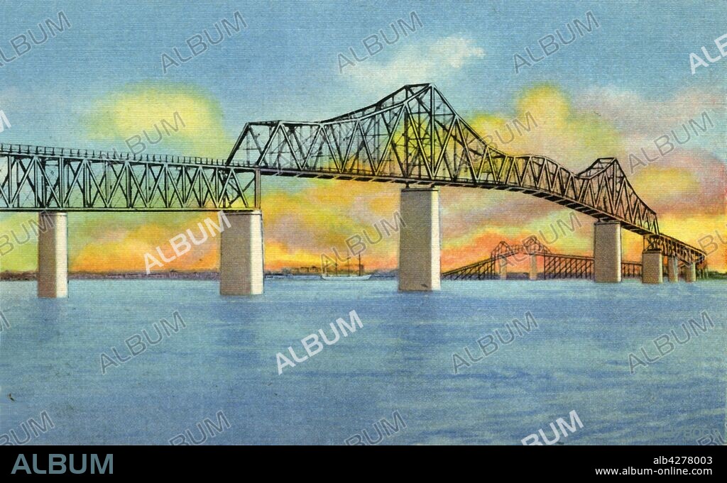 'Cooper River Bridge, Charleston, S.C.', 1942. The John P. Grace Memorial Bridge opened on August 8, 1929.  From "Souvenir of the Beautiful Carolinas". [Curt Teich & Co., Chicago, 1942].