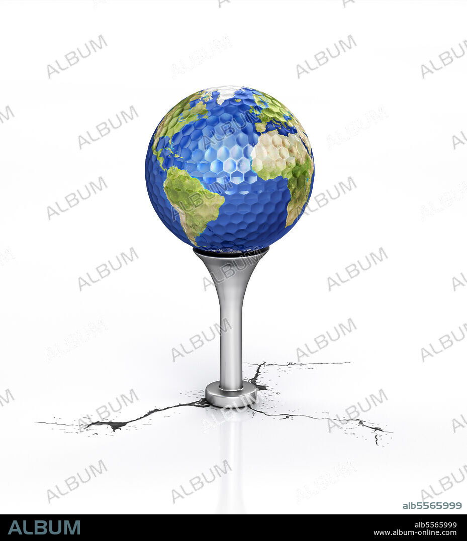 Golf ball with the texture of planet Earth placed on a tee over a white reflective surface with a break on the floor.