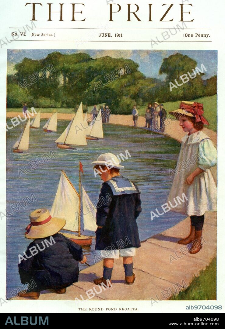 The Prize for Girls and Boys - Childrens book : The Round Pond Regatta . Illustration to a story where children are enjoying an afternoon in the park sailing their boats in the pond . June 1911.