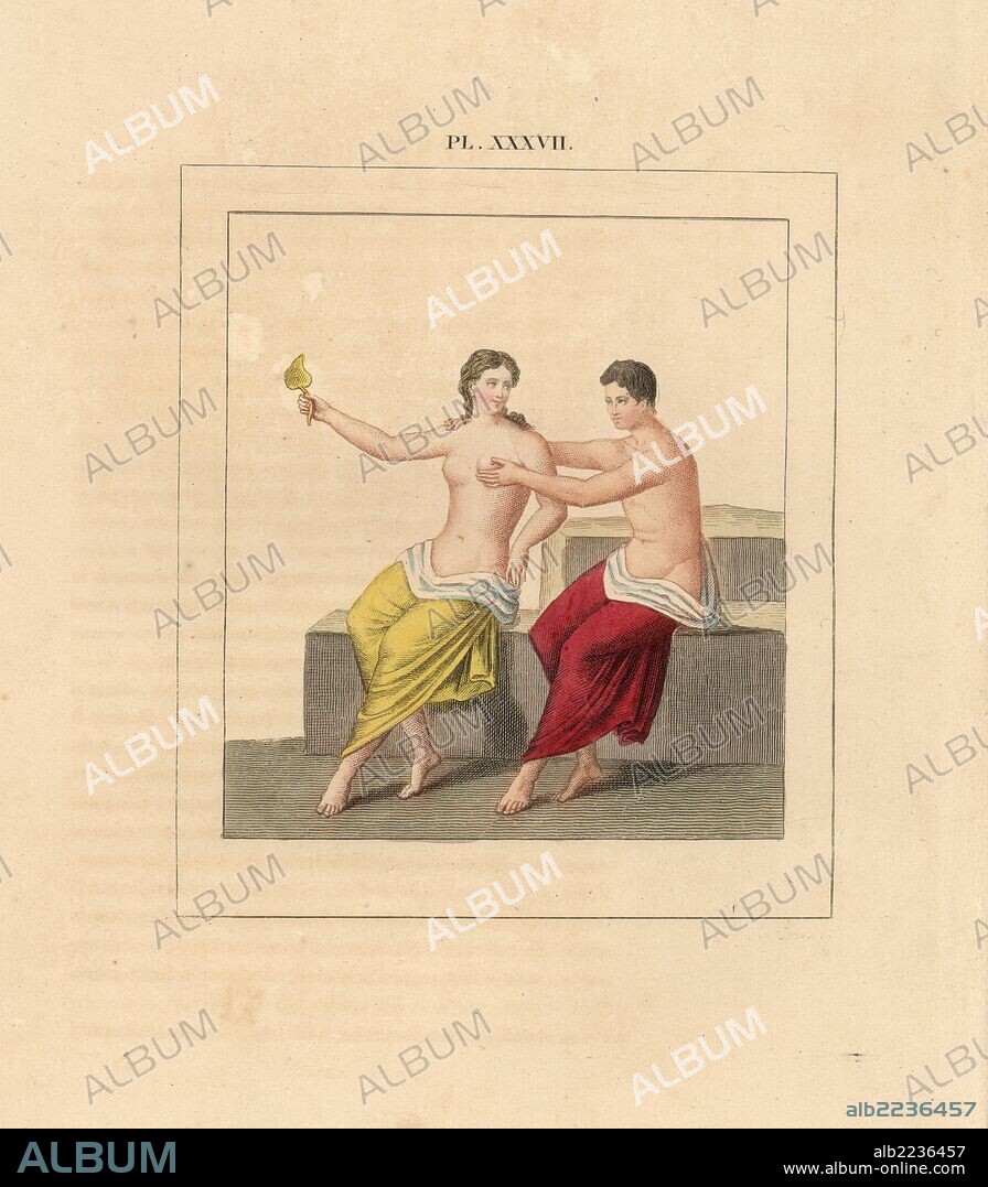 Fresco from Herculaneum: erotic scene. A woman wearing only a gold silk flammeum shows her lover a quince-tree leaf, symbol of the nuptial bed. Handcoloured lithograph by A. Delvaux from Cesar Famin's "Musee royal de Naples (The Royal Museum at Naples)," Abel Ledoux, Paris, 1836. This rare volume is a catalog of the collection of erotic paintings, bronzes and statues excavated in Pompeii and Herculaneum and stored in a Secret Cabinet at Naples.