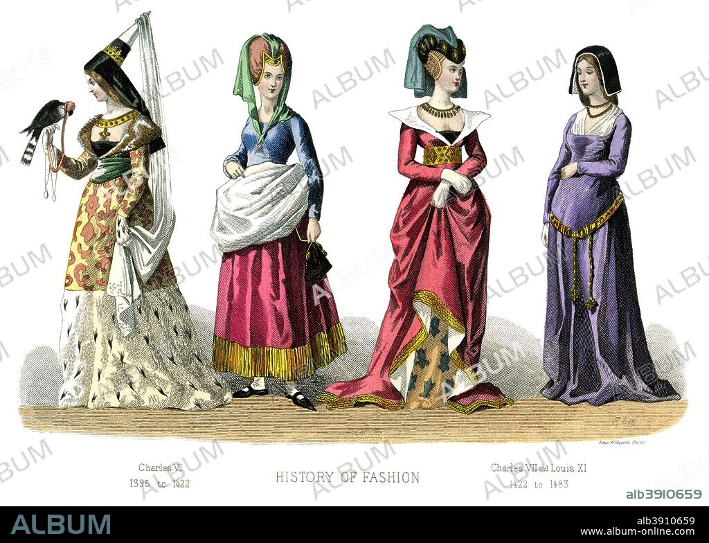 French costume: Charles VI, Charles VII, Louis XI, (1882). Illustration showing costume from 1395-1483, from The History Of Fashion In France by Augustin Challamel, Frances Cashel Hoey and John Lillie, (1882).