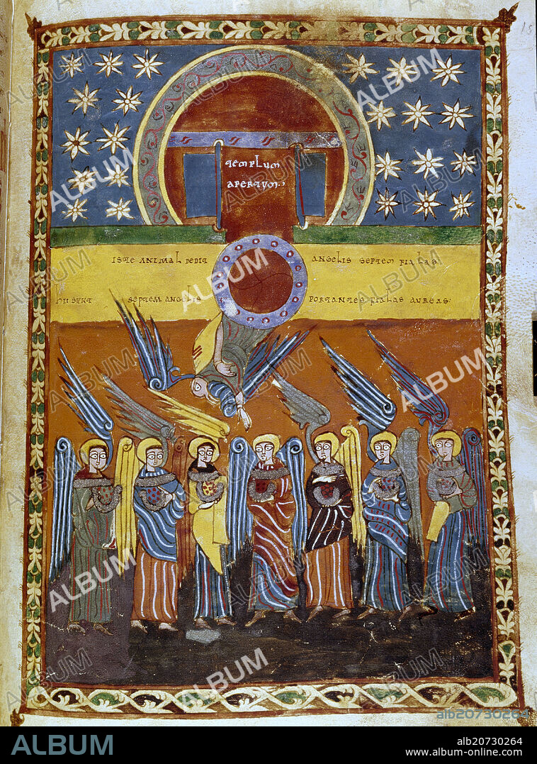 BEATO DE LIÉBANA. COMENTARIOS AL APOCALIPSIS, LOS SIETE ANGELES CON LAS COPAS Y EL TEMPLO, PROCEDE DE VALCAVADO - SIGLO X.