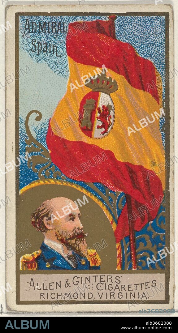 Admiral, Spain, from the Naval Flags series (N17) for Allen & Ginter Cigarettes Brands. Dimensions: Sheet: 2 3/4 x 1 1/2 in. (7 x 3.8 cm). Publisher: Allen & Ginter (American, Richmond, Virginia). Date: ca. 1888.
Trade cards from the "Naval Flags" series (N17), issued ca. 1888 in a set of 50 cards to promote Allen & Ginter brand cigarettes.