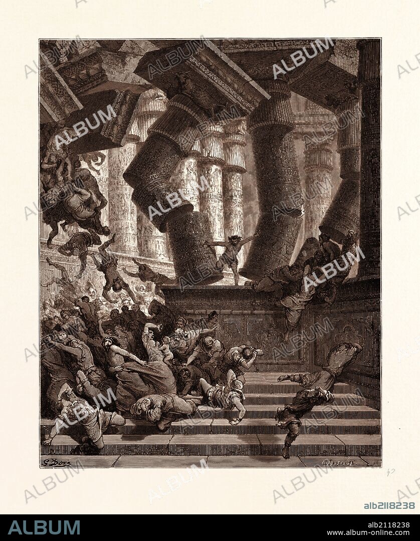 THE DEATH OF SAMSON, BY GUSTAVE DORE. Gustave Dore, 1832 - 1883, French. Engraving for the Bible. 1870, Art, Artist, holy book, religion, religious, christianity, christian, romanticism, colour, color engraving.