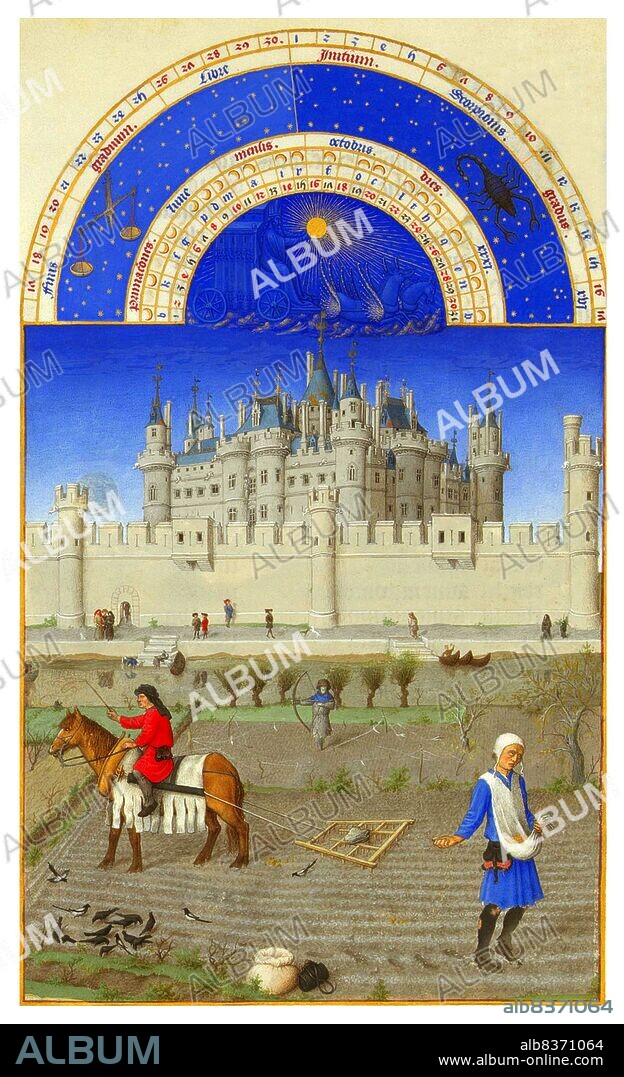 The <i>Tres Riches Heures du Duc de Berry</i> is the most famous and possibly the best surviving example of French Gothic manuscript illumination, showing the late International Gothic phase of the style. It is a book of hours: a collection of prayers to be said at the canonical hours.<br/><br/>. It was created between c. 1412 and 1416 for the extravagant royal bibliophile and patron John, Duke of Berry, by the Limbourg brothers. When the three painters and their sponsor died in 1416, possibly victims of plague, the manuscript was left unfinished. It was further embellished in the 1440s by an anonymous painter, who many art historians believe was Barthelemy d'Eyck. In 1485-1489, it was brought to its present state by the painter Jean Colombe on behalf of the Duke of Savoy.<br/><br/>. Acquired by the Duc d'Aumale in 1856, the book is now in the Musee Conde, Chantilly, France.